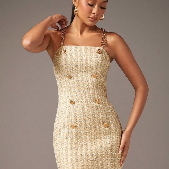 Apricot Preppy Womens Plaid Pattern Double Breasted Tweed Cami Dress - Picture 5 of 5